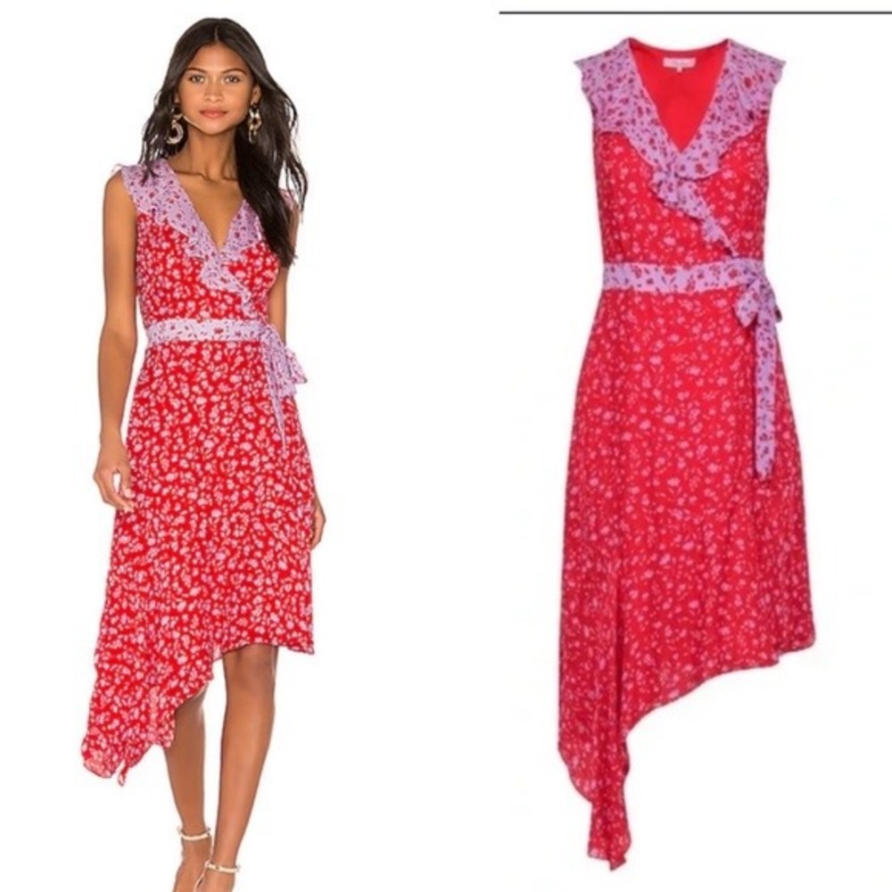 Parker Womens Faux Wrap Dress Silk Blend Floral Red Pink 6